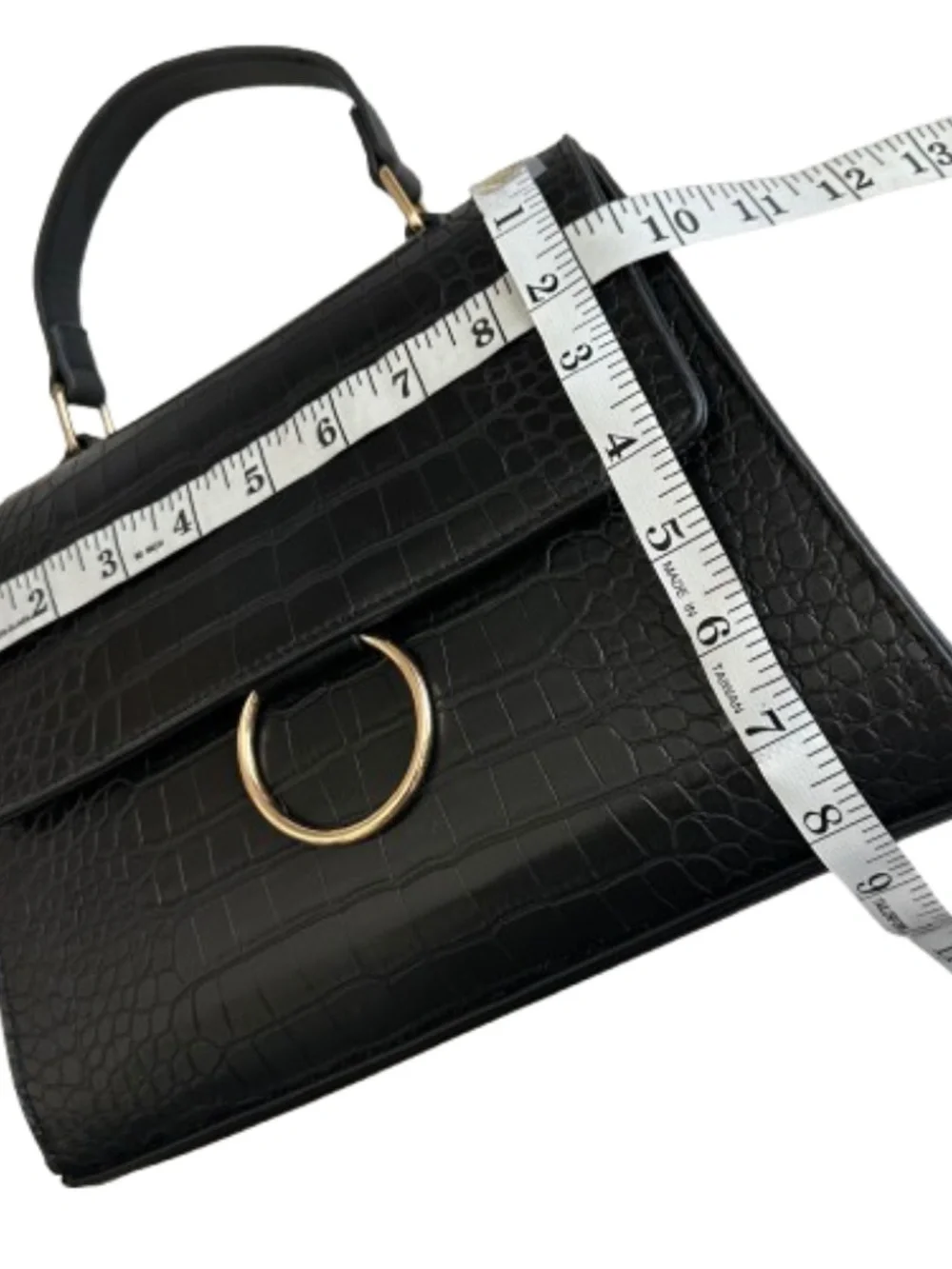 like dreams Small Black Croc-Embossed Top Handle Satchel with Gold Ring & Strap